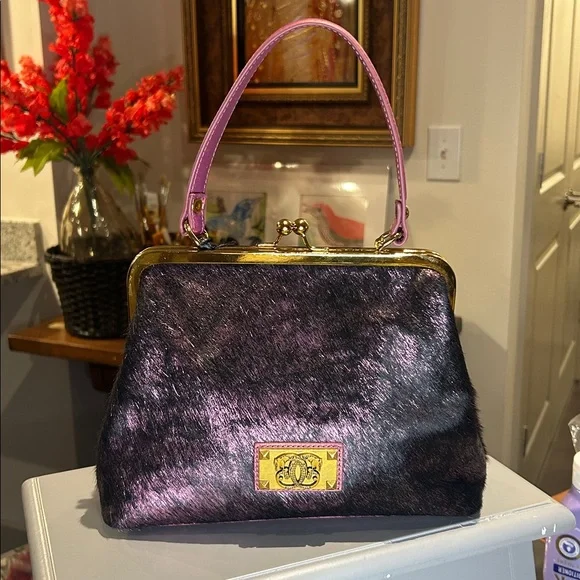 Sharif Purple Long Haired Satchel with Gold Hardware Kisslock 9.5”x7”x2.25” NWT - Picture 4 of 9